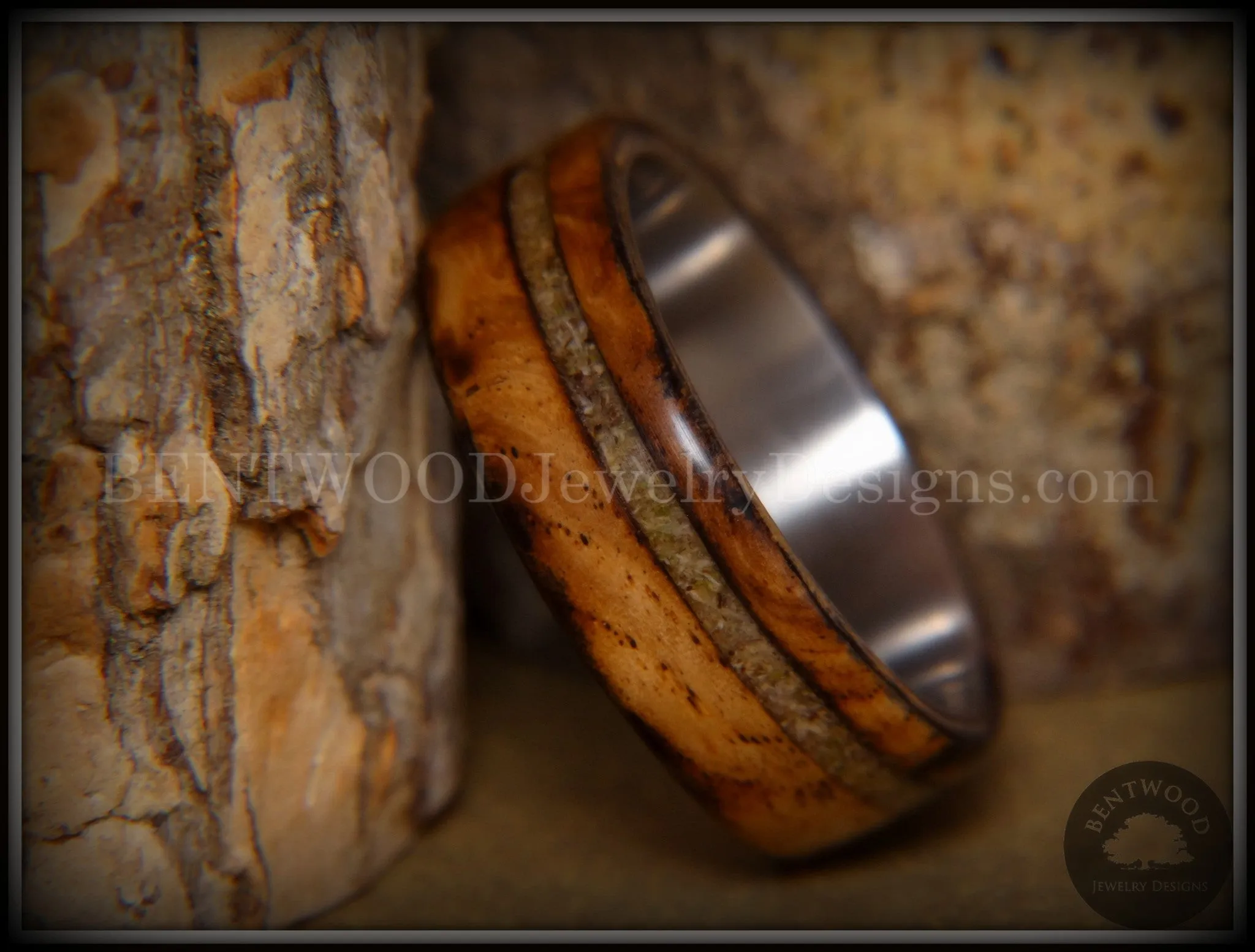 Bentwood Ring - Live Smokey Olivewood Ring on Stainless Steel Core with Live Oak Inlay