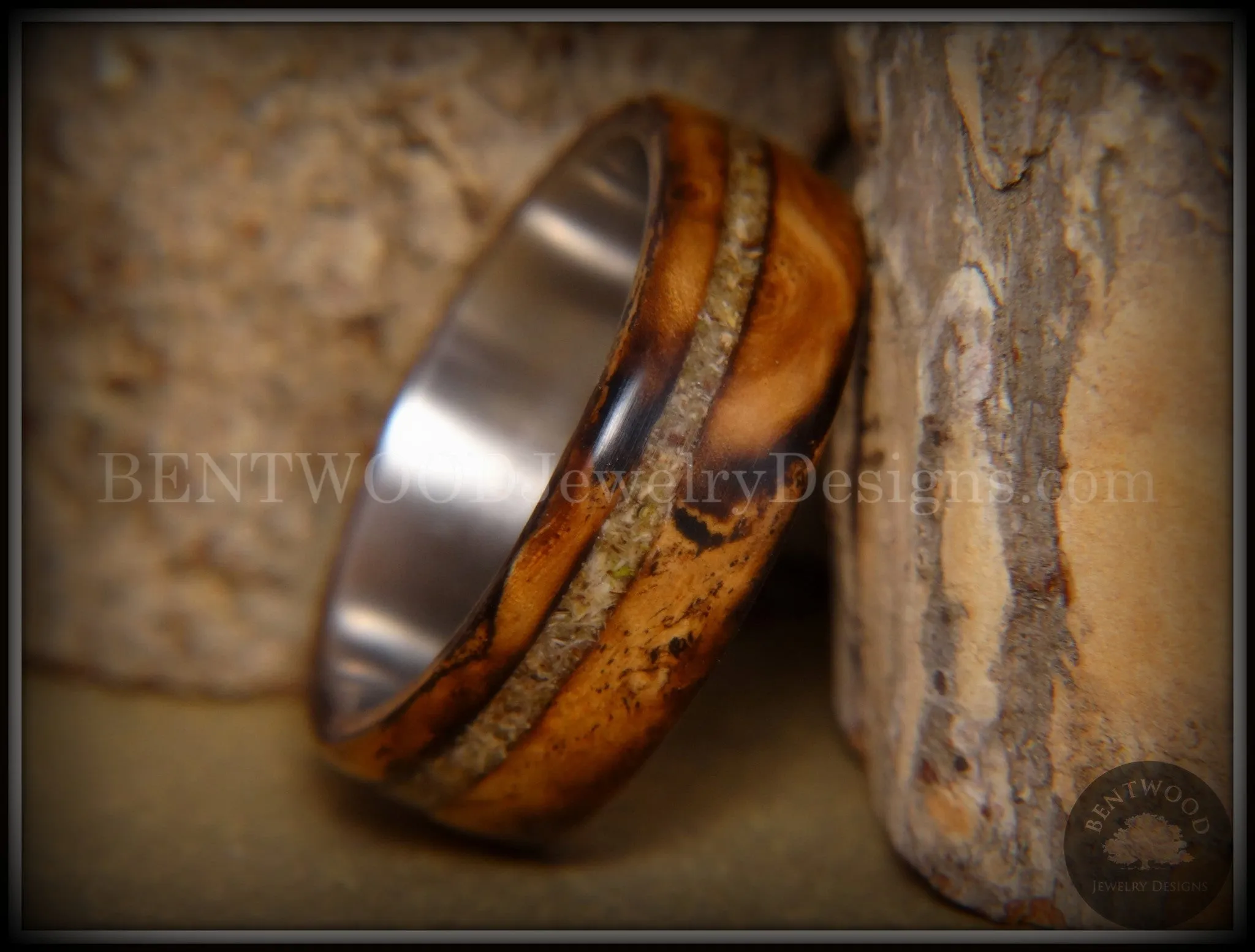 Bentwood Ring - Live Smokey Olivewood Ring on Stainless Steel Core with Live Oak Inlay