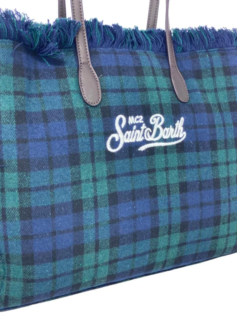 BORSA TARTAN BLU/VERDE CON ORLI SFRANGIATI E LOGO BIANCO