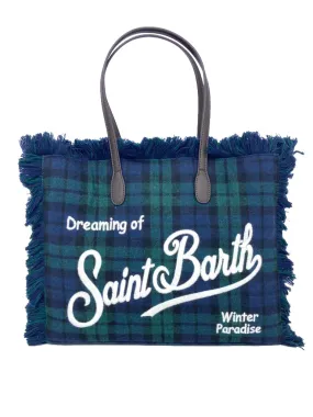 BORSA TARTAN BLU/VERDE CON ORLI SFRANGIATI E LOGO BIANCO