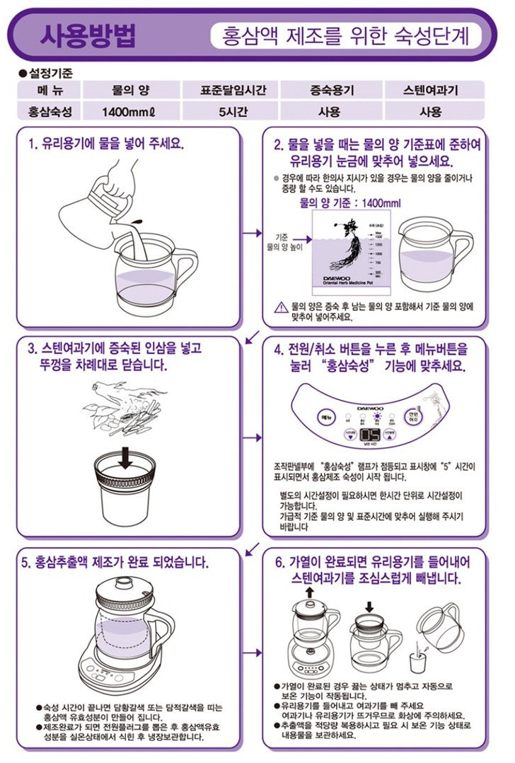 Daewoo Electric Boling Pots DWK-SH7000 Ginseng Concentrate Timer Temperature Health Tea