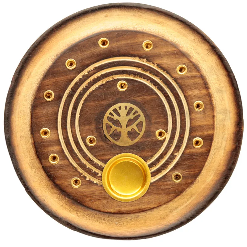 Decorative Round Tree of Life Wooden Incense Burner Ash Catcher IF224