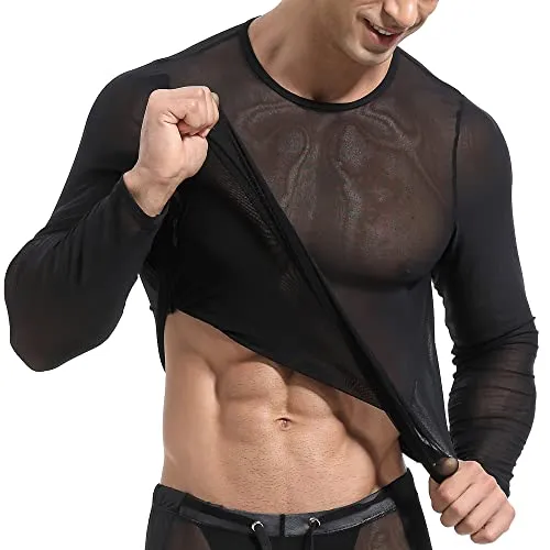 DHEWFU Men's Mesh Shirts See Through Long Sleeve Top Muscle Undershirt Clubwear Black