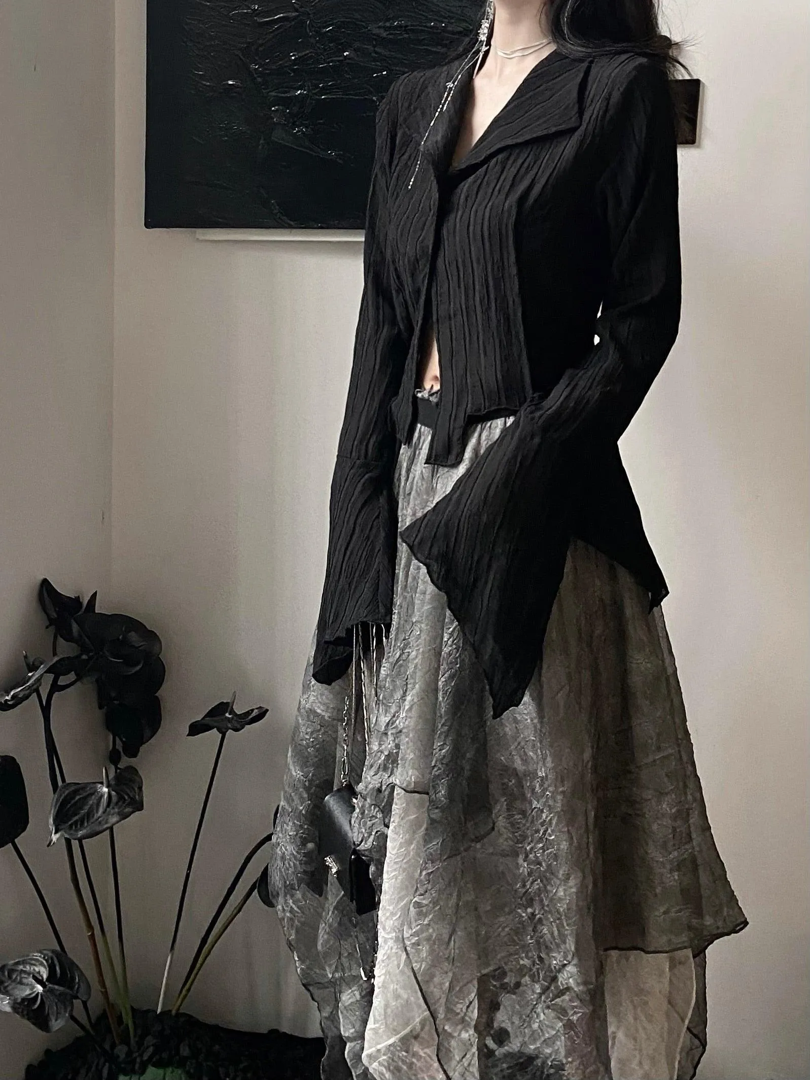 Express Your Dark Aesthetic with Karrcat's Gothic Black Shirts - Irregular Style Flare Sleeve Blouse