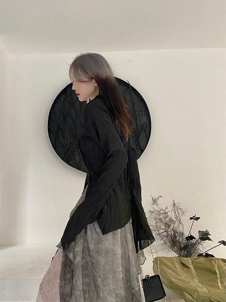 Express Your Dark Aesthetic with Karrcat's Gothic Black Shirts - Irregular Style Flare Sleeve Blouse