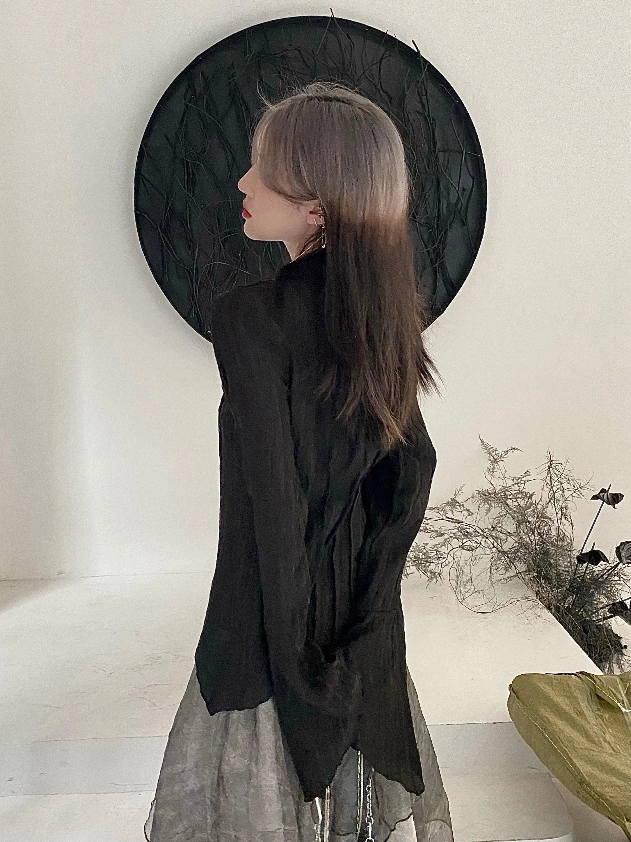 Express Your Dark Aesthetic with Karrcat's Gothic Black Shirts - Irregular Style Flare Sleeve Blouse