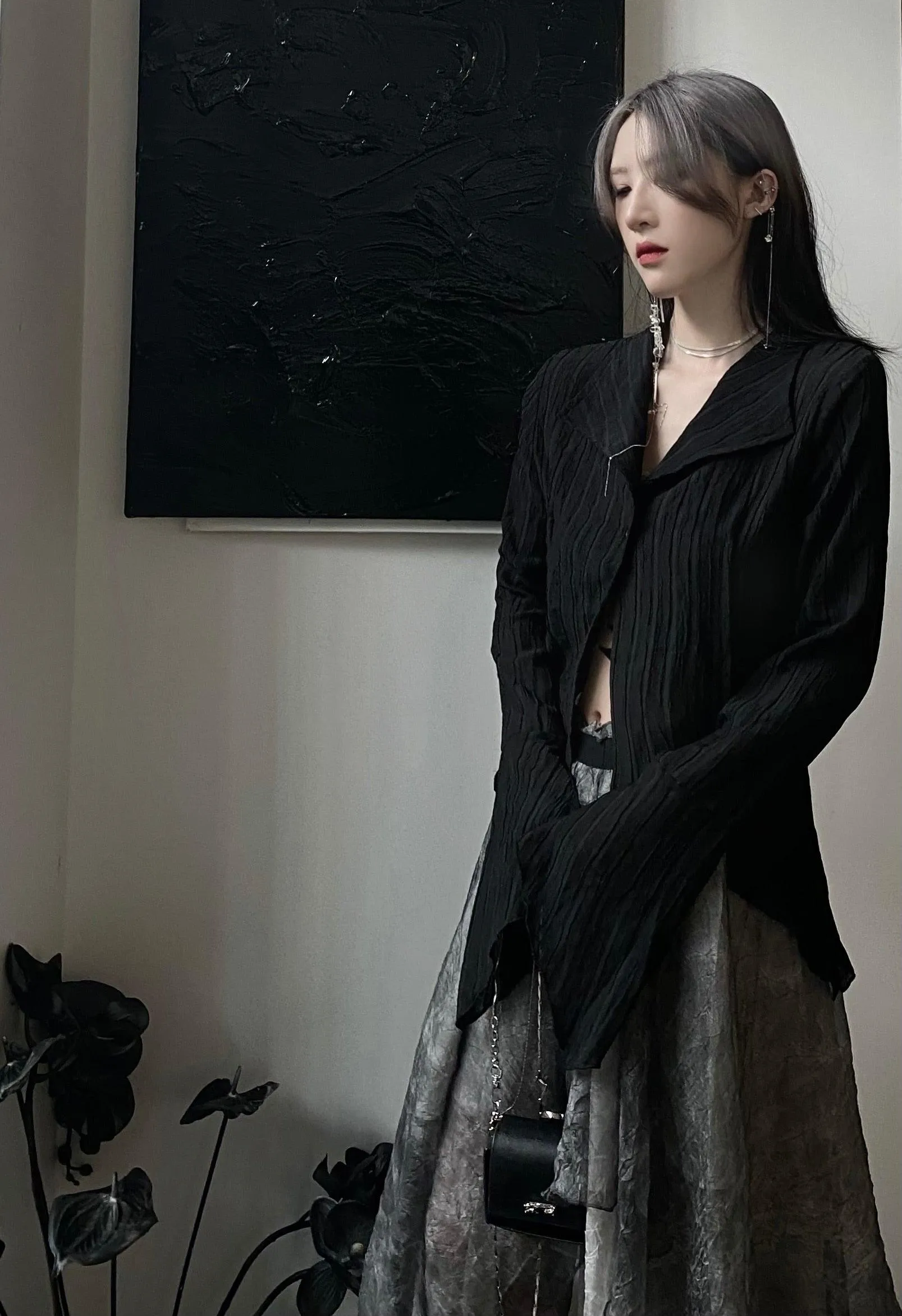 Express Your Dark Aesthetic with Karrcat's Gothic Black Shirts - Irregular Style Flare Sleeve Blouse