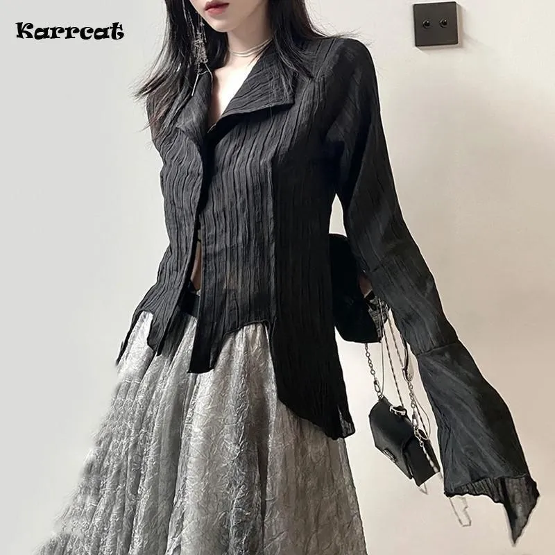 Express Your Dark Aesthetic with Karrcat's Gothic Black Shirts - Irregular Style Flare Sleeve Blouse