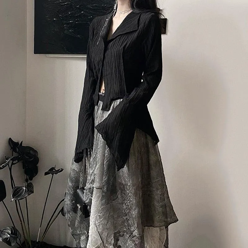 Express Your Dark Aesthetic with Karrcat's Gothic Black Shirts - Irregular Style Flare Sleeve Blouse