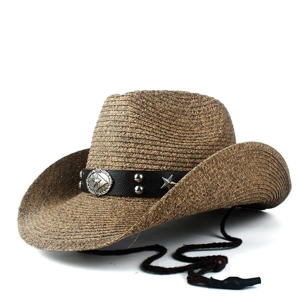 Fashion Women Men Hollow Western Cowboy Hat Lady Dad Beach Sombrero Hombre Straw Panama Cowgirl Jazz Sun Cap Size 56-58CM