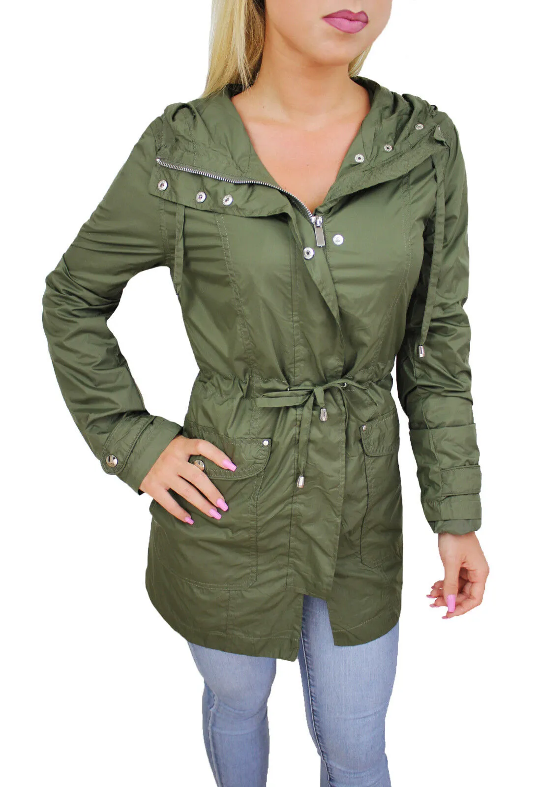 Giubbotto trench donna verde giacca lunga impermeabile parka con cappuccio