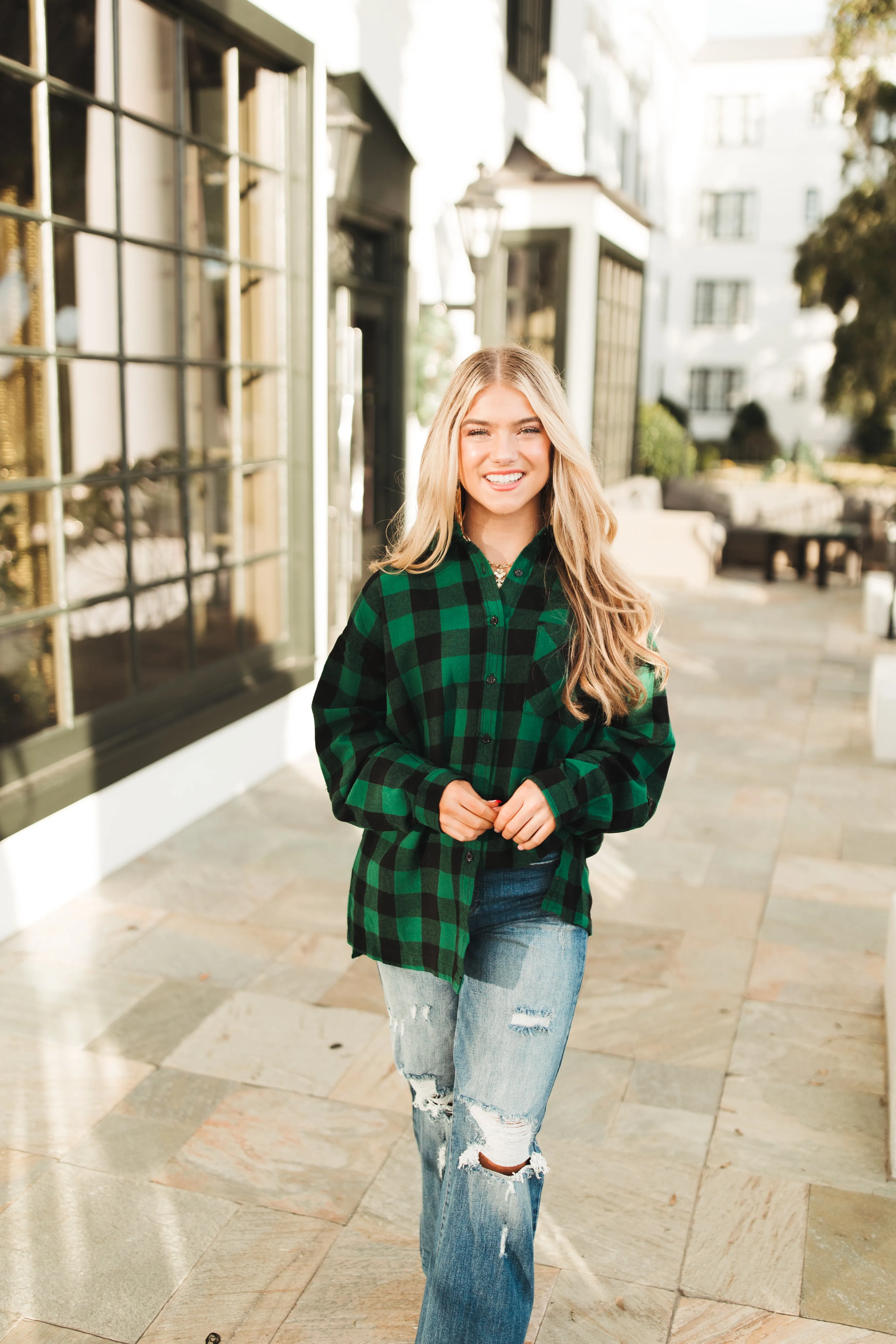 Green Plaid Oversized Button Down Flannel