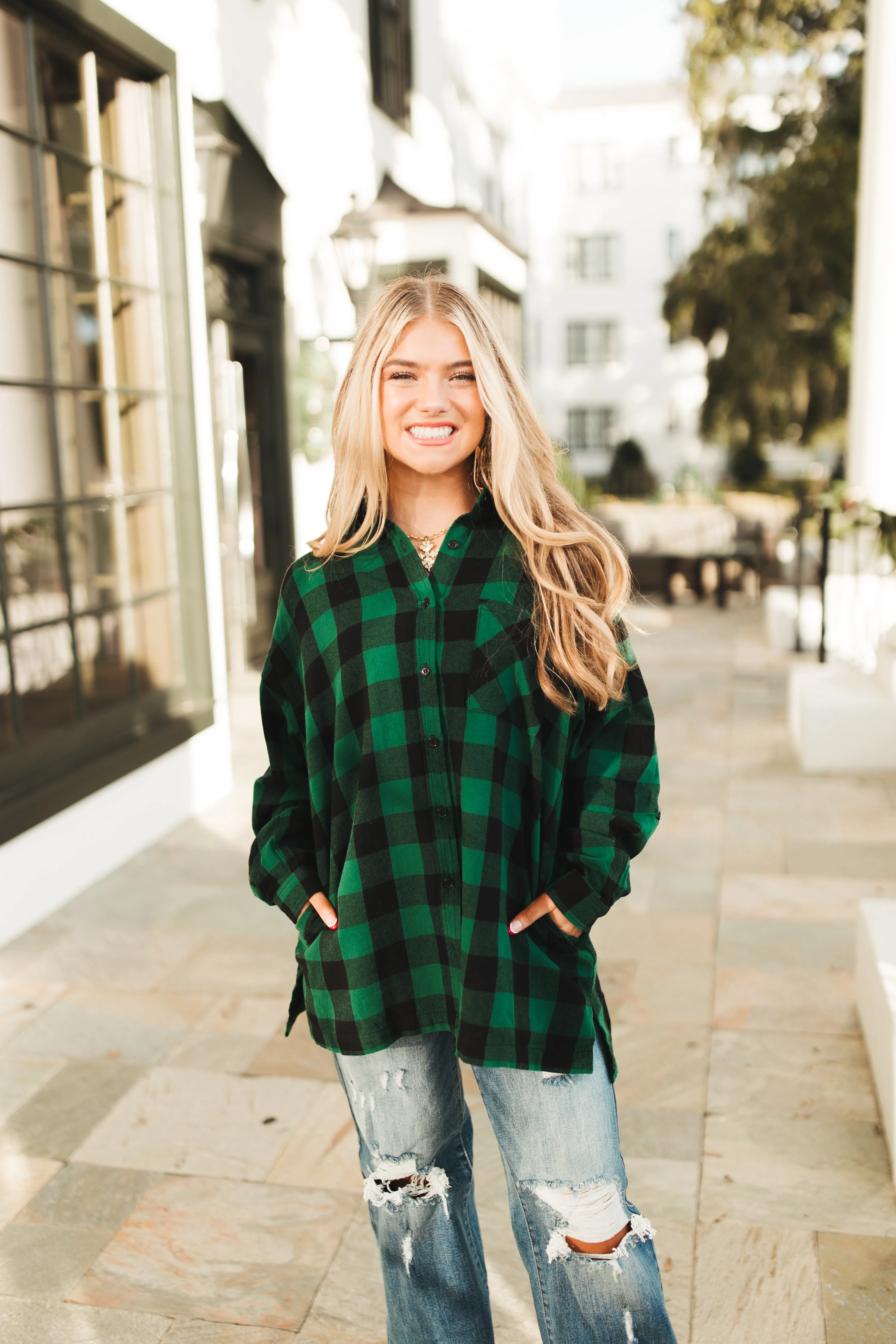 Green Plaid Oversized Button Down Flannel