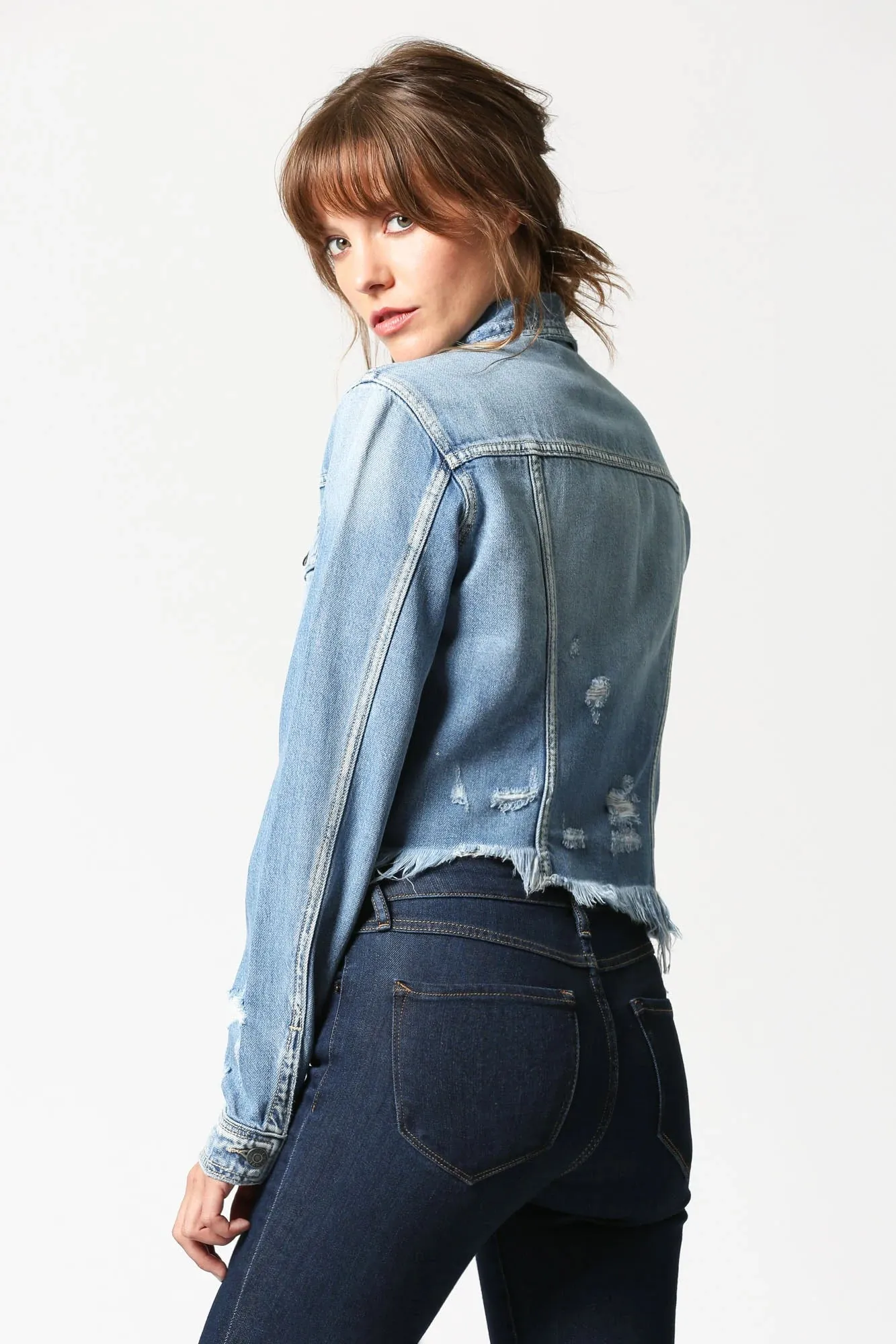 HIDDEN-Light Wash Frayed Bottom Fitted Jacket