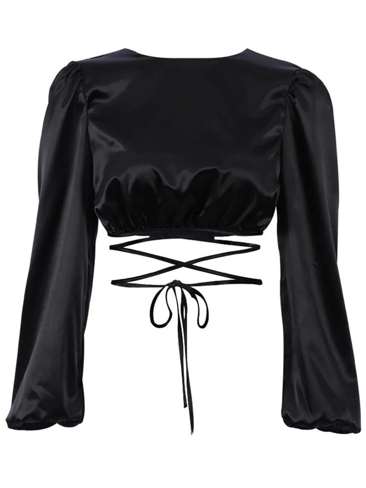 Lace Up Backless Crop Top Long Sleeve Wrap Elegant Satin O-Neck Top