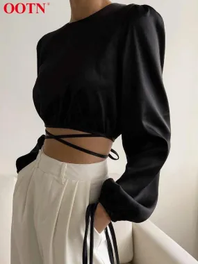 Lace Up Backless Crop Top Long Sleeve Wrap Elegant Satin O-Neck Top