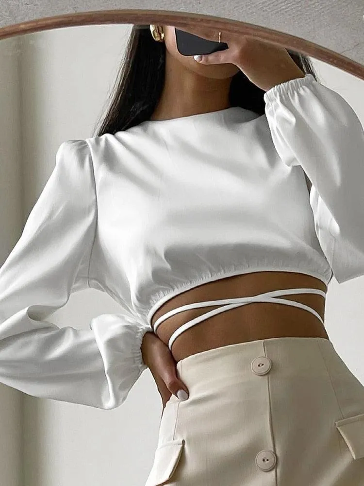 Lace Up Backless Crop Top Long Sleeve Wrap Elegant Satin O-Neck Top