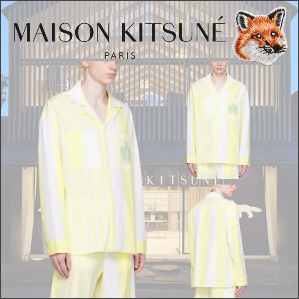 MAISON KITSUNE  |Stripes Unisex Long Sleeves Cotton Logo Designers Shirts