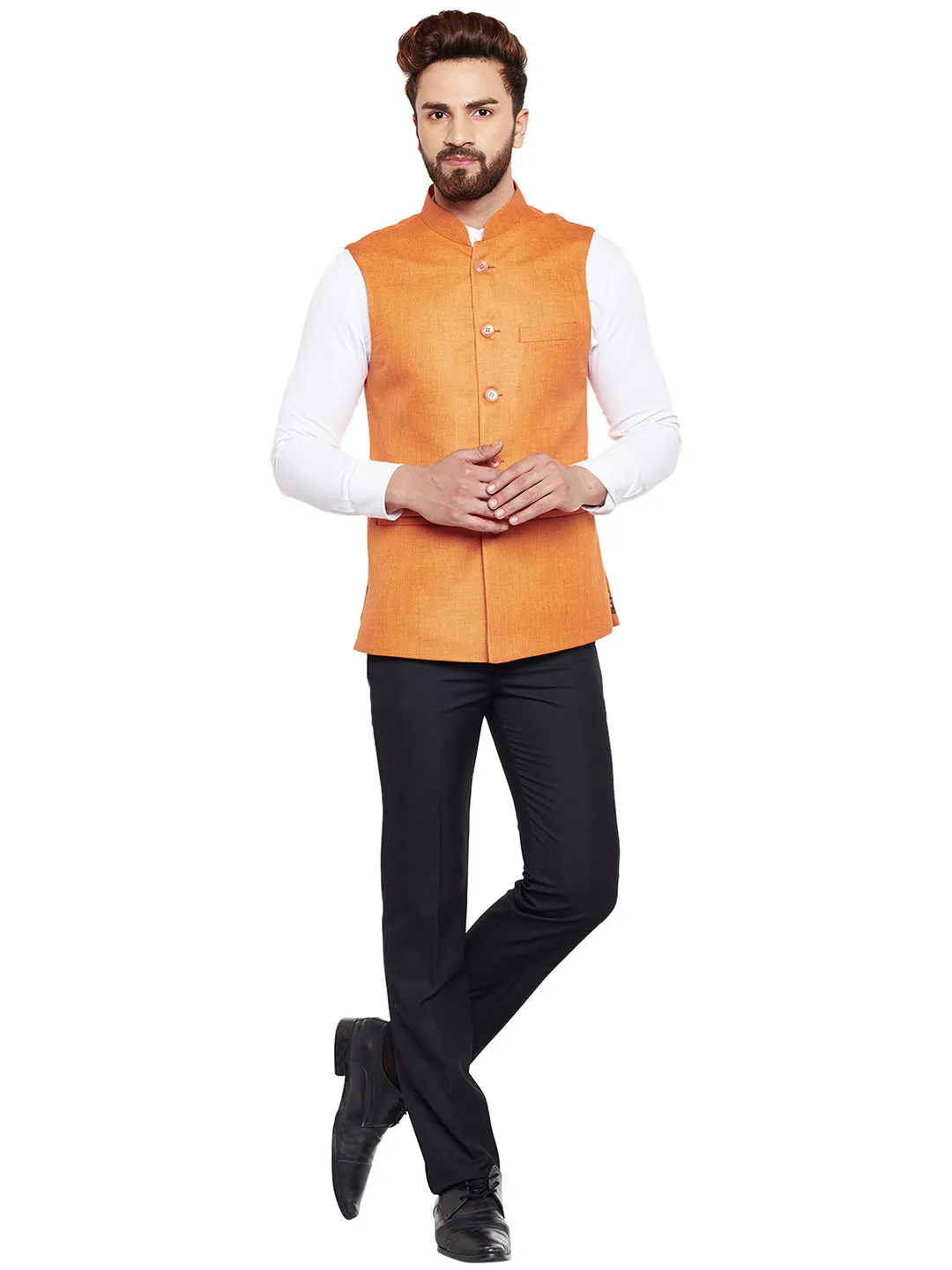 Men Orange Solid Slim Fit Formal Nehru Jacket