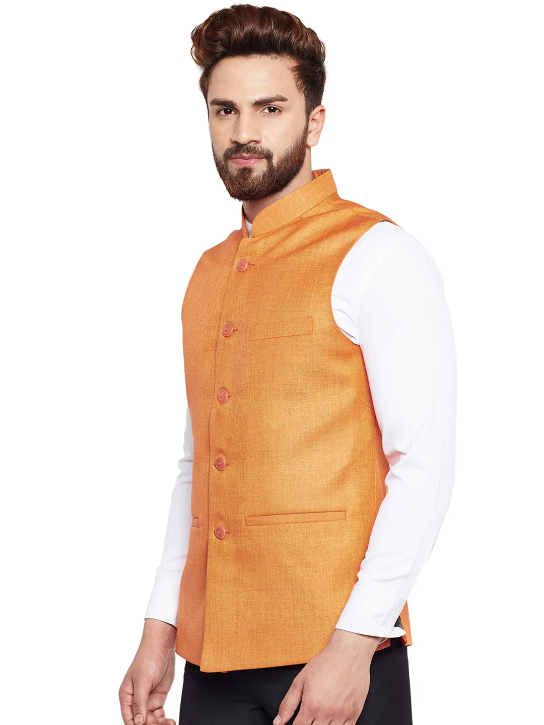 Men Orange Solid Slim Fit Formal Nehru Jacket