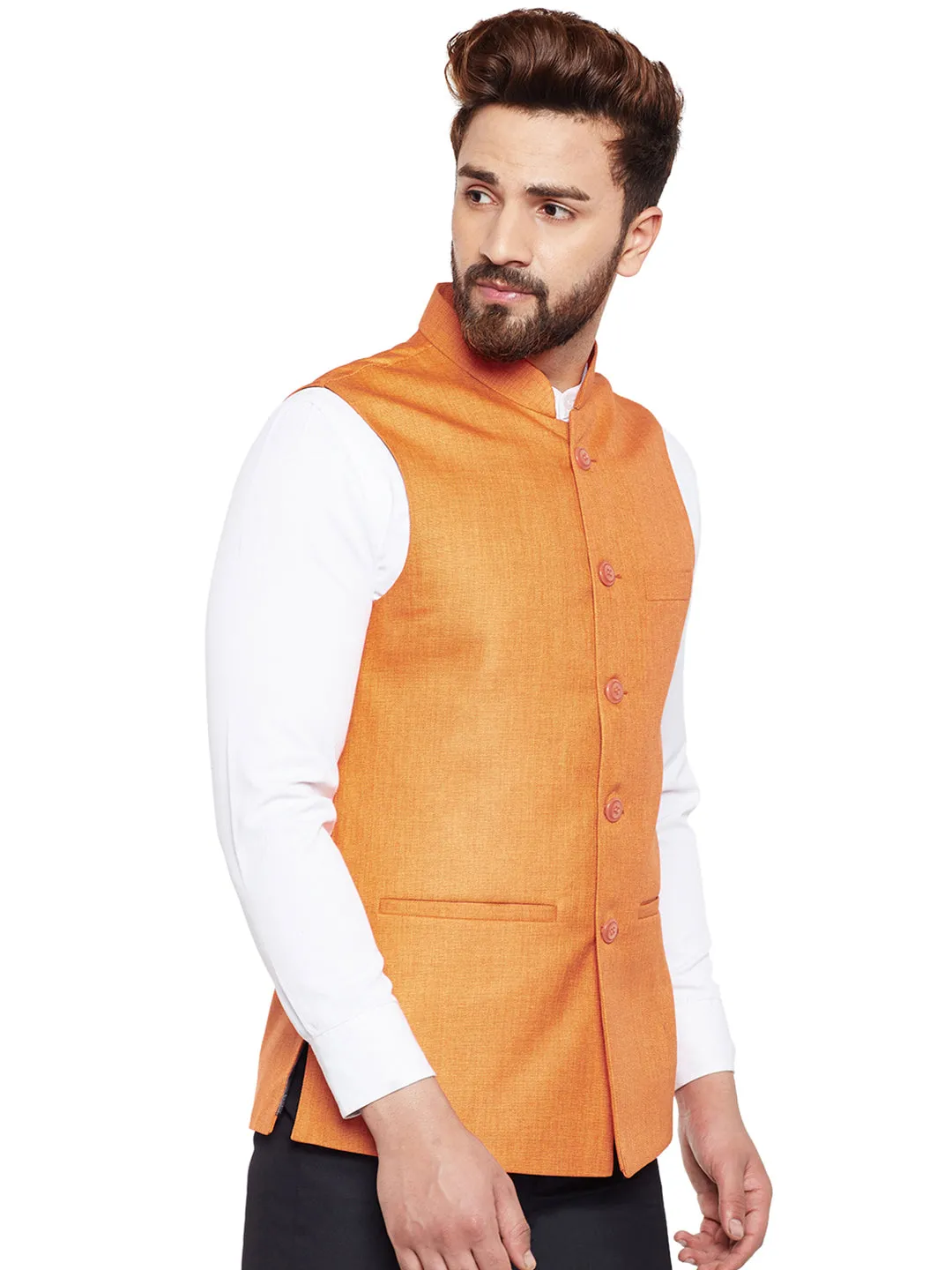 Men Orange Solid Slim Fit Formal Nehru Jacket