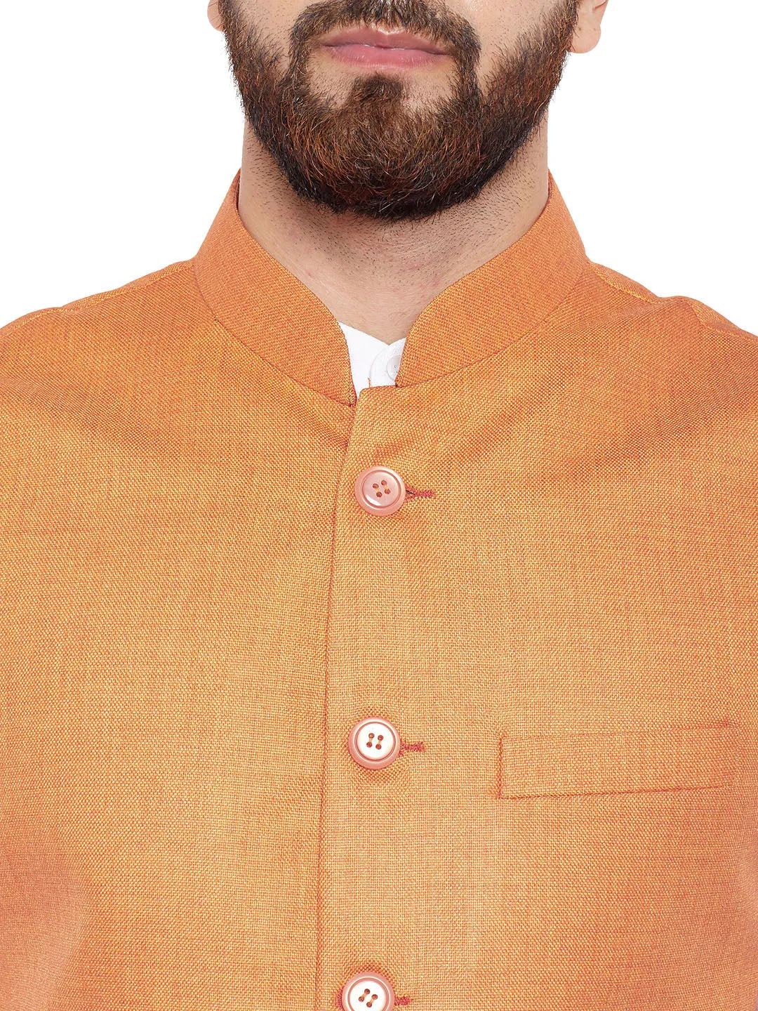 Men Orange Solid Slim Fit Formal Nehru Jacket