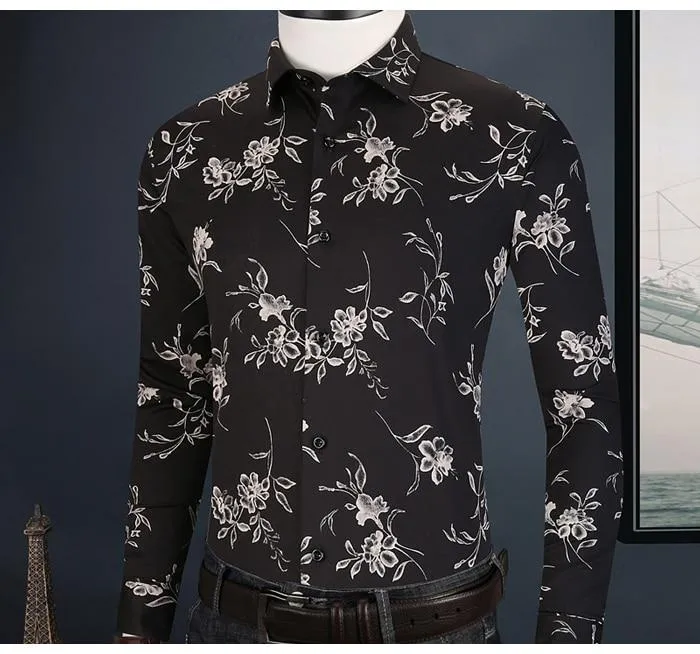 Men's Contrast Color Floral Printed Fit Pocket Less Long Sleeve Shirts