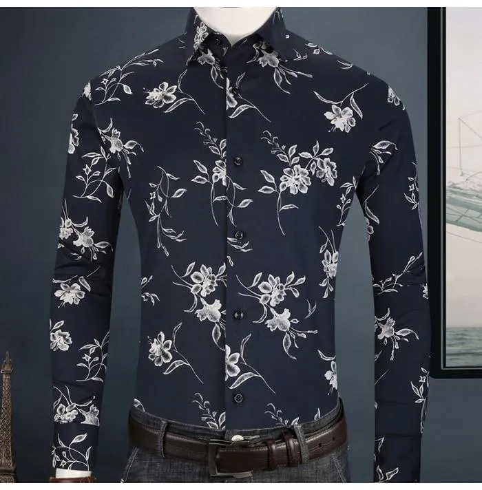 Men's Contrast Color Floral Printed Fit Pocket Less Long Sleeve Shirts