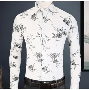 Men's Contrast Color Floral Printed Fit Pocket Less Long Sleeve Shirts