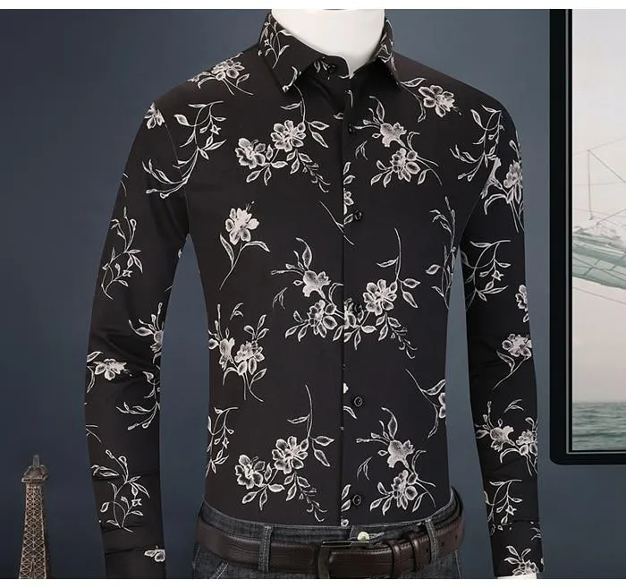 Men's Contrast Color Floral Printed Fit Pocket Less Long Sleeve Shirts