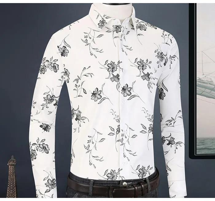 Men's Contrast Color Floral Printed Fit Pocket Less Long Sleeve Shirts