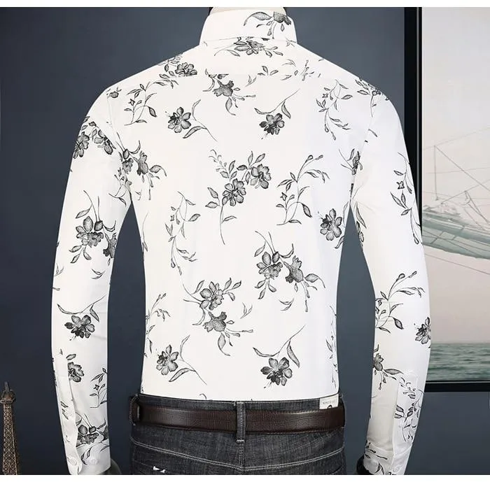 Men's Contrast Color Floral Printed Fit Pocket Less Long Sleeve Shirts