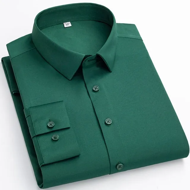 Men's Green Free Stretchy Pocketless Business Long Sleeve Shirts