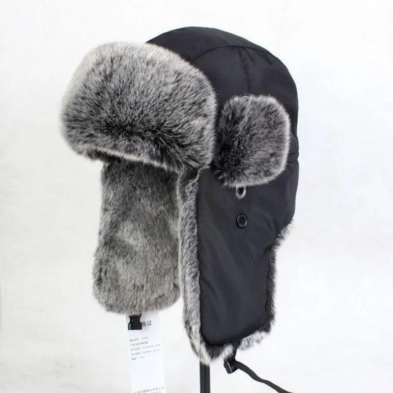 Men's Winter Cotton Extra Large Ear Protection Black Bomber Fur Hat Ski Cap on Clearance