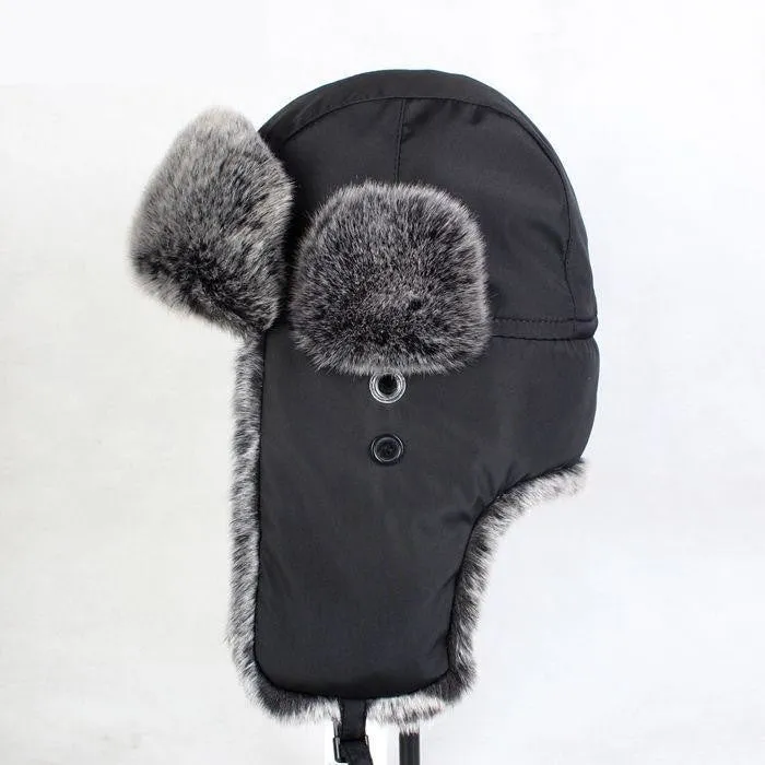 Men's Winter Cotton Extra Large Ear Protection Black Bomber Fur Hat Ski Cap on Clearance