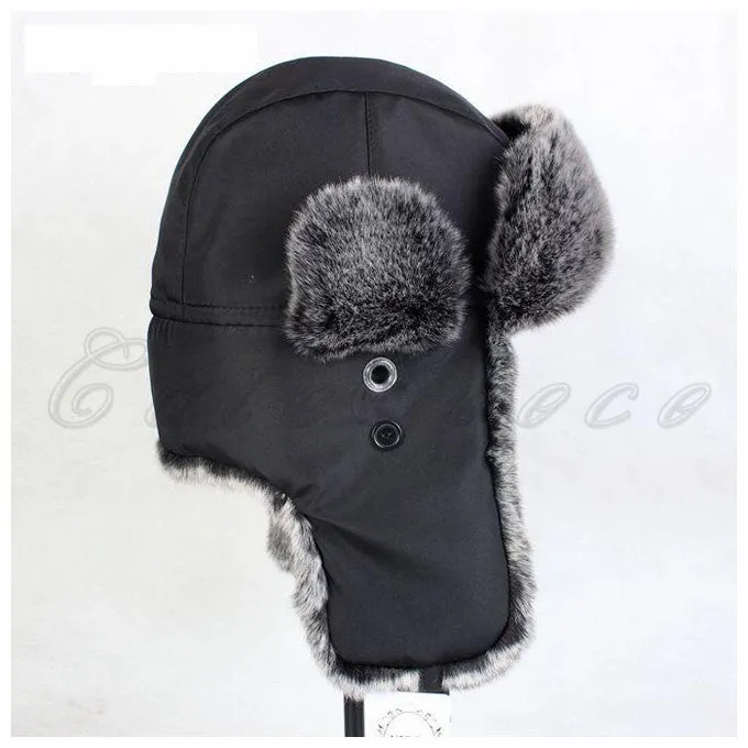 Men's Winter Cotton Extra Large Ear Protection Black Bomber Fur Hat Ski Cap on Clearance