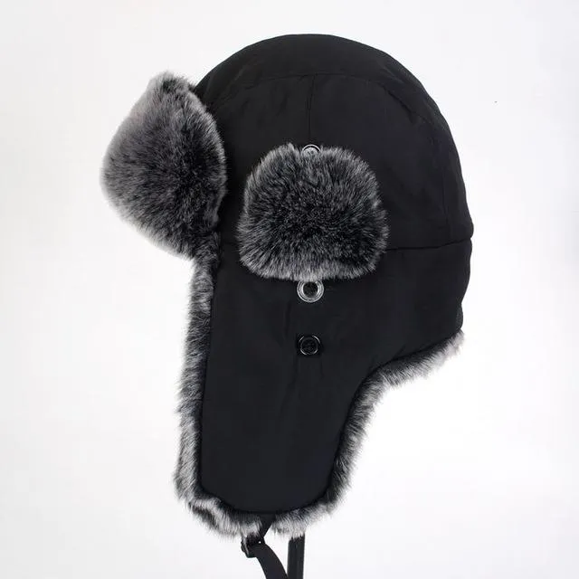 Men's Winter Cotton Extra Large Ear Protection Black Bomber Fur Hat Ski Cap on Clearance