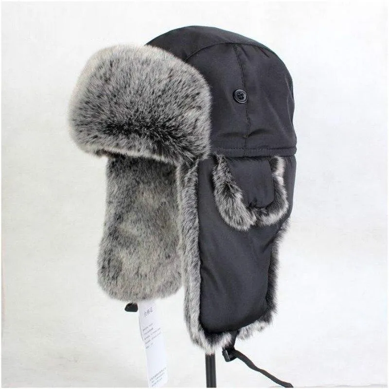 Men's Winter Cotton Extra Large Ear Protection Black Bomber Fur Hat Ski Cap on Clearance