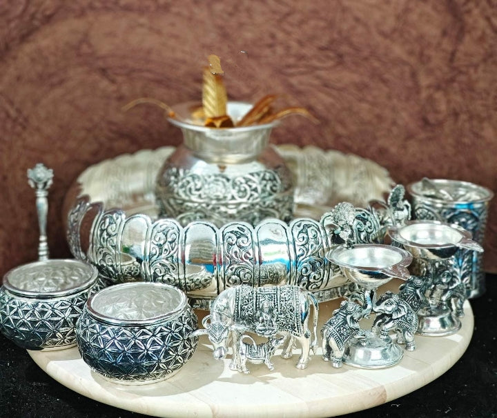 Narayani , Antique Finish German Silver Puja Set-CS001GSP