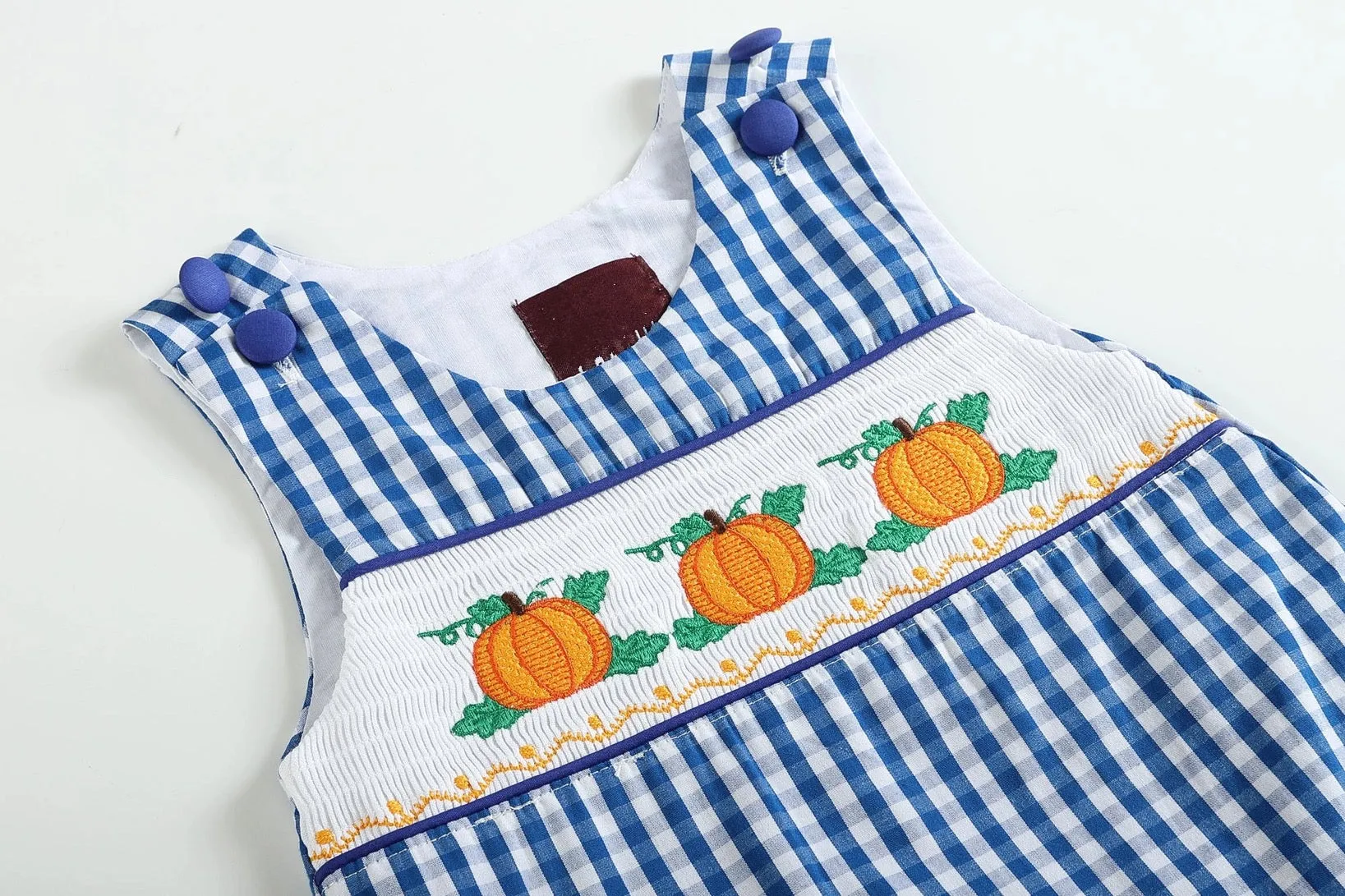 Royal Blue Gingham Pumpkin Smocked Shortalls