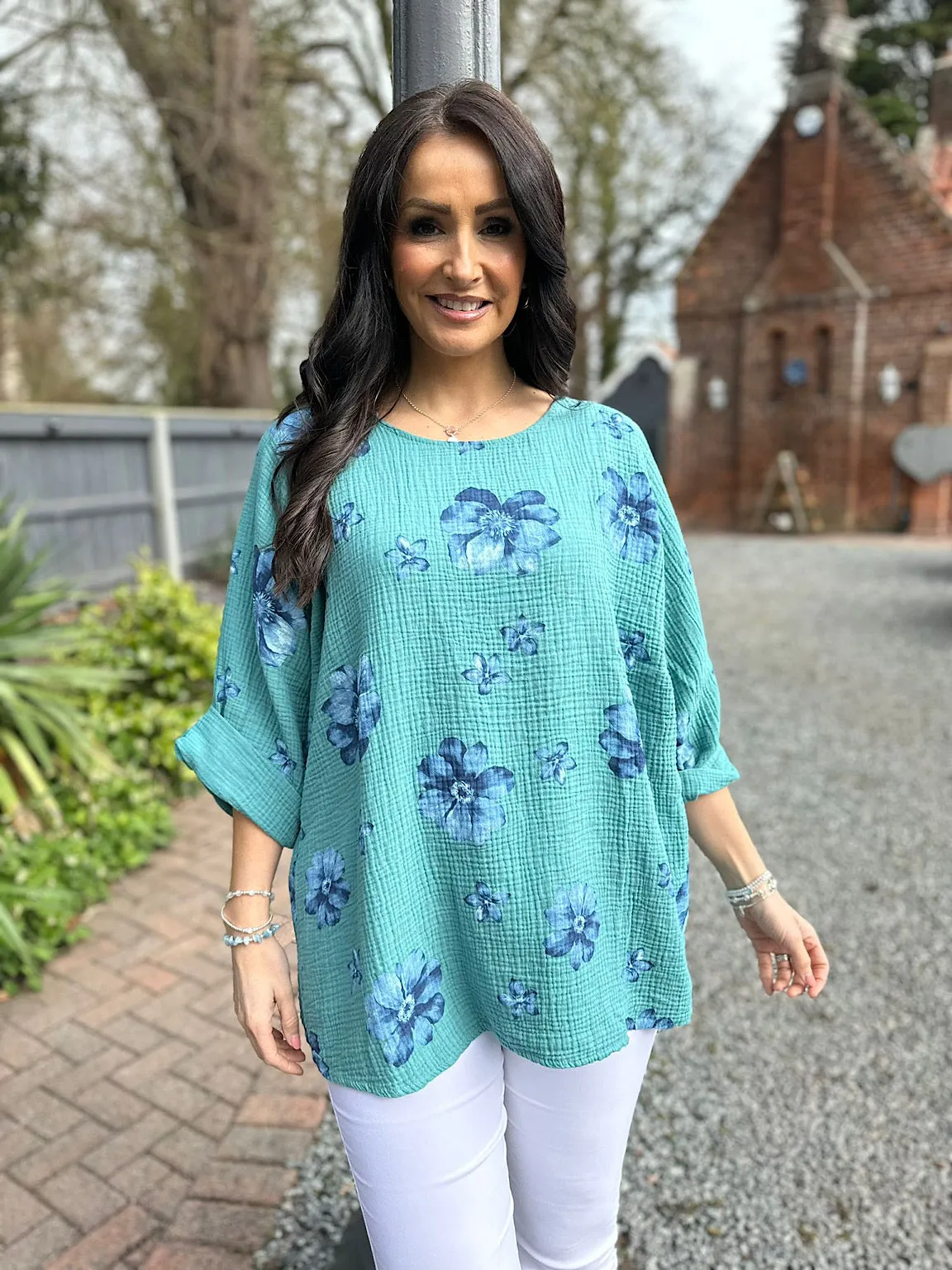 Teal Bubble Cotton Flower Top Pippa