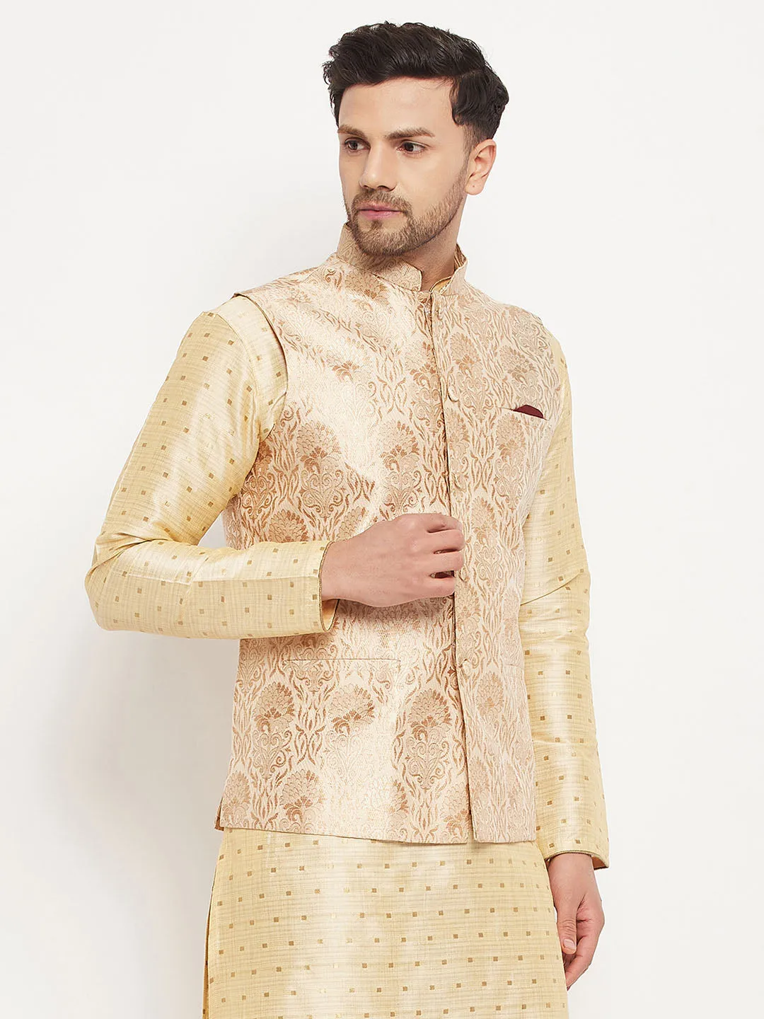 VASTRAMAY Men's Rose Gold Jacquard Nehru Jacket