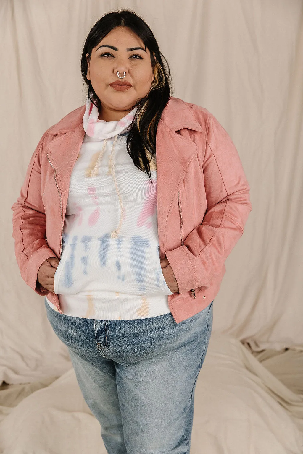 Vegan Suede Leather Moto Jacket- Pink