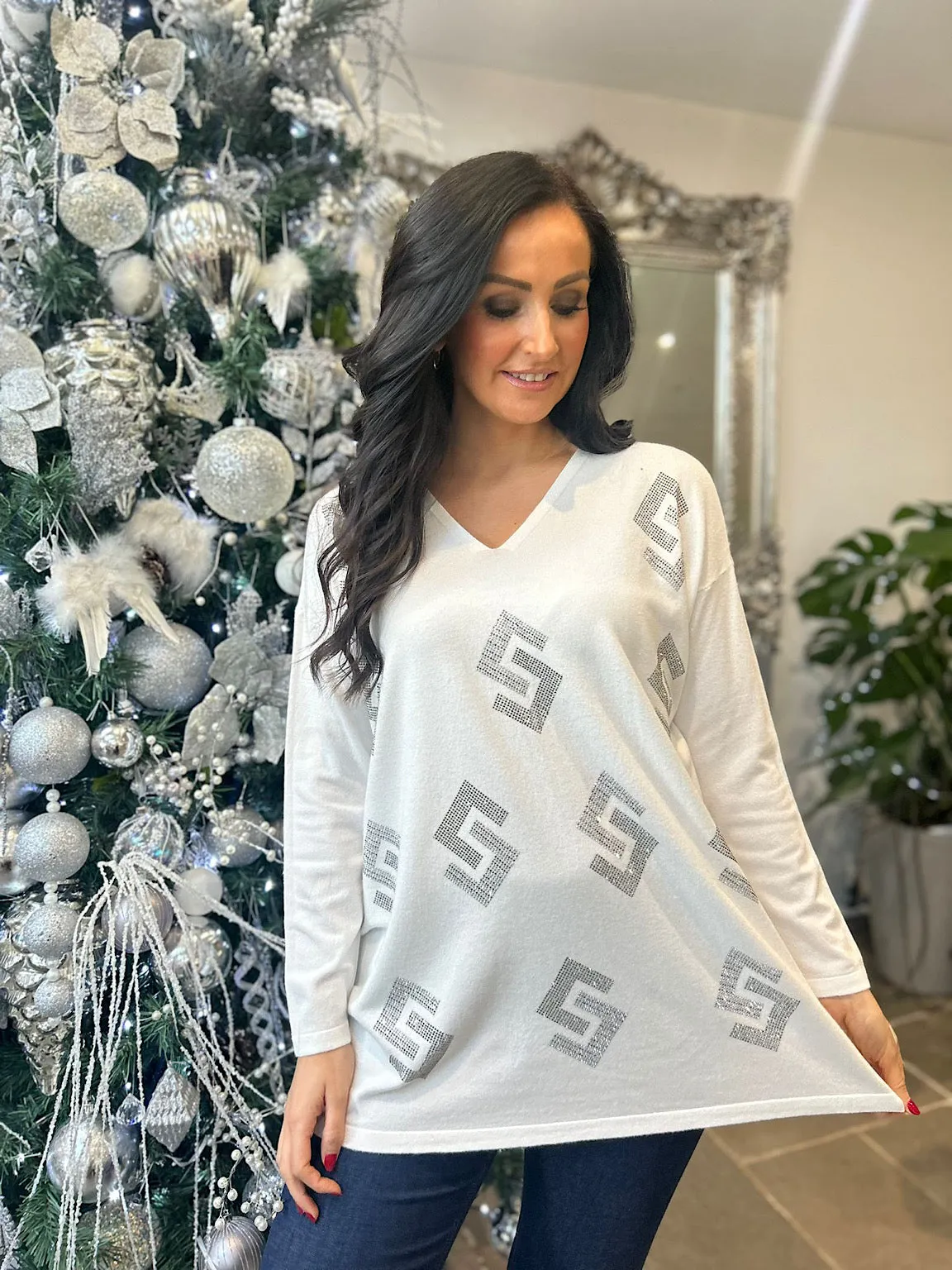 Winter White Diamante Greek Key Knit Gail