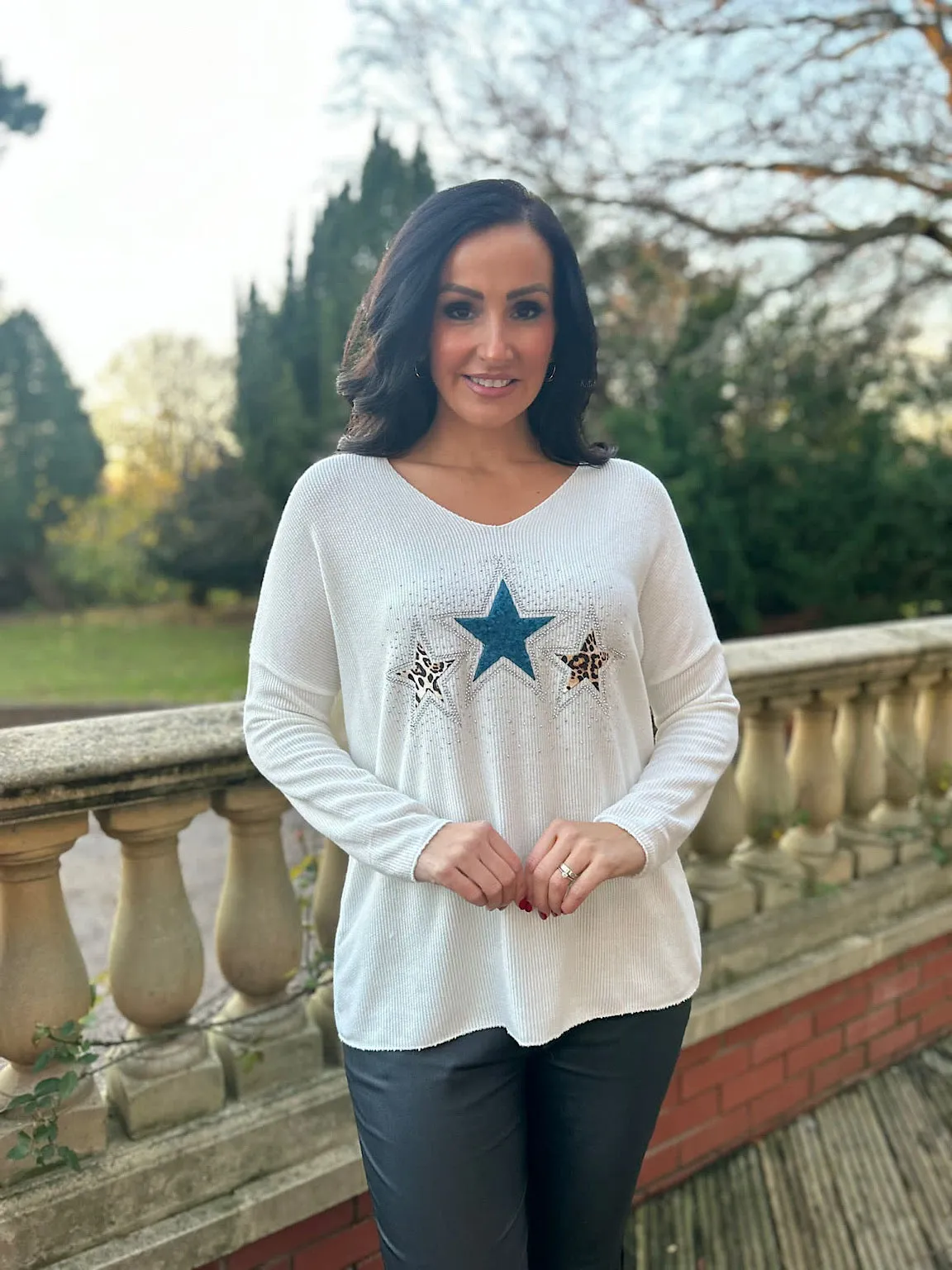 Winter White V Neck Sparkle Star Knit Chloe