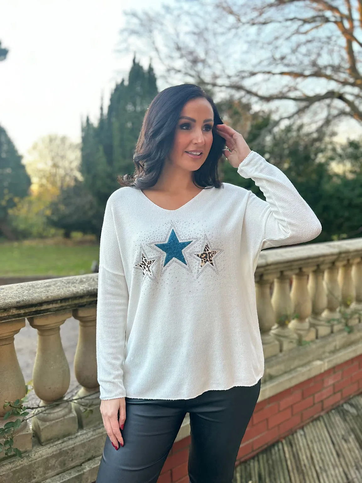 Winter White V Neck Sparkle Star Knit Chloe