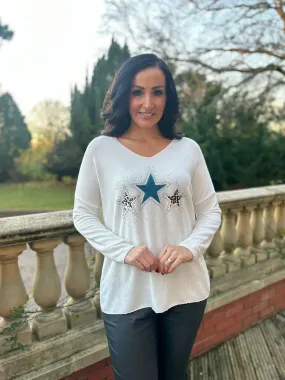 Winter White V Neck Sparkle Star Knit Chloe