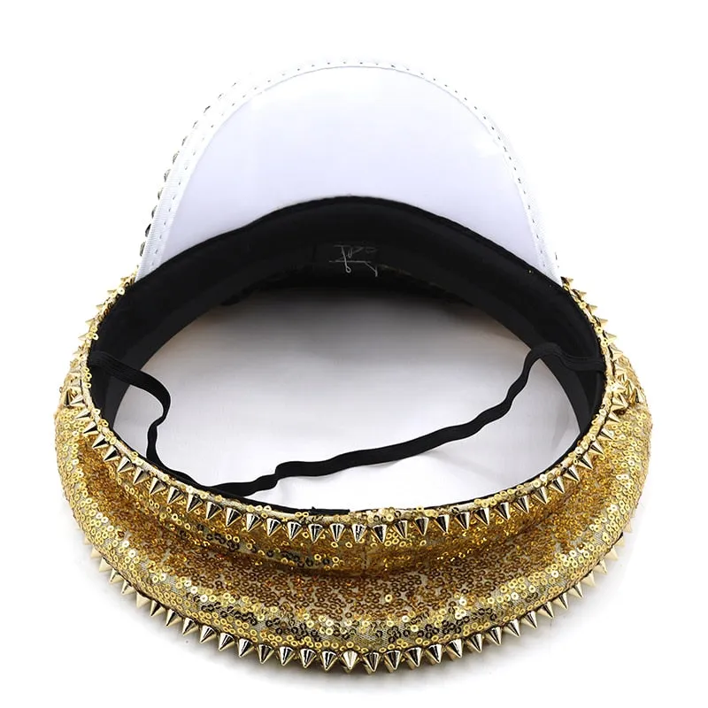 Women Men Steampunk Military Hat With Gold Rivet Queen Sequin Burning Captain Sergeant Hat Rave Festival Bachelorette Part Hat