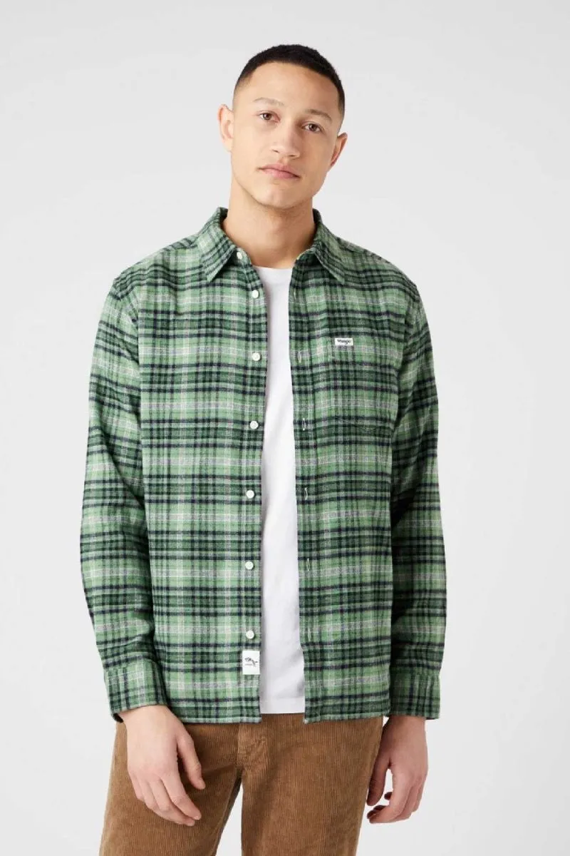 Wrangler One Pocket Flannel Check Long Sleeve Shirt Stone Green