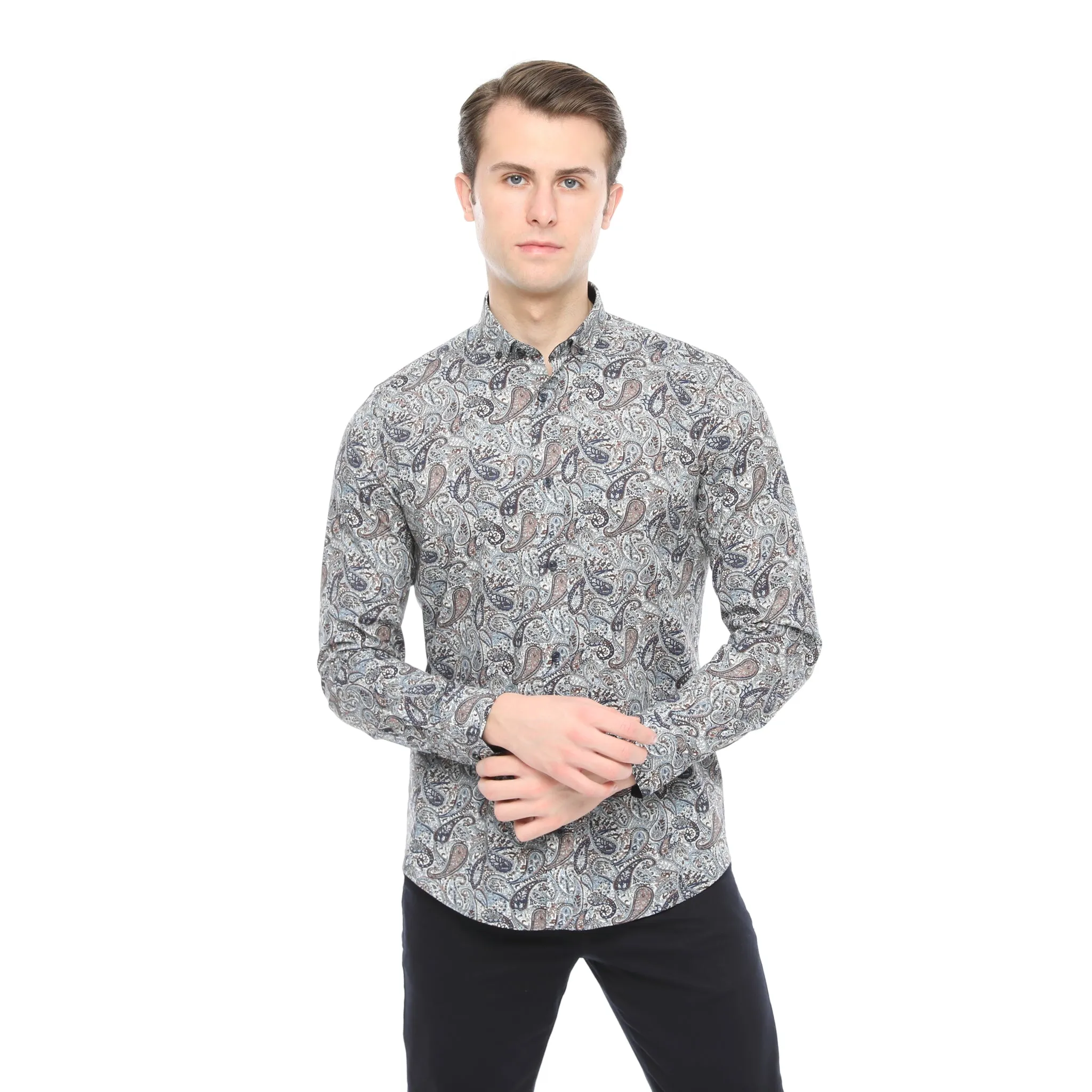 Xact Mens Long Sleeved Paisley Shirt - Slim Fit